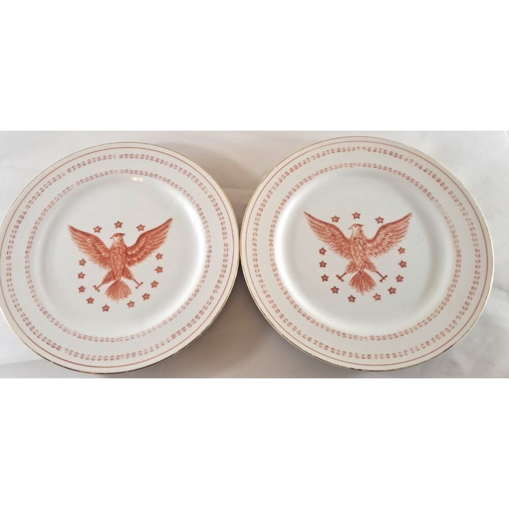 Vintage Ethan Allen Federal Eagle Plates Set of 2 White Red Centennial 9"